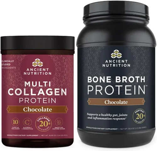 Ancient Nutrition Proteína en polvo multicolágeno, chocolate, 40 porciones + polvo de proteína de caldo de hueso, chocolate, 40 porciones
