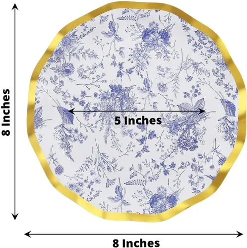 Miniatura 3 de Efavormart - Paquete de 25 platos de postre de papel chino chino azul y blanco con borde ondulado dorado de 11.32 oz/m² para recepciones y fiestas