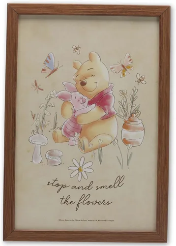 Disney Winnie the Pooh Deténgase y huela las flores - Decoración de pared de madera enmarcada - Arte de pared inspiradora de Pooh y Piglet para el