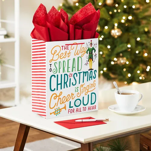 Miniatura 2 de Hallmark Bolsa de regalo de elfo grande de 13 pulgadas con papel de seda (cita de película: la mejor manera de difundir la alegría navideña)