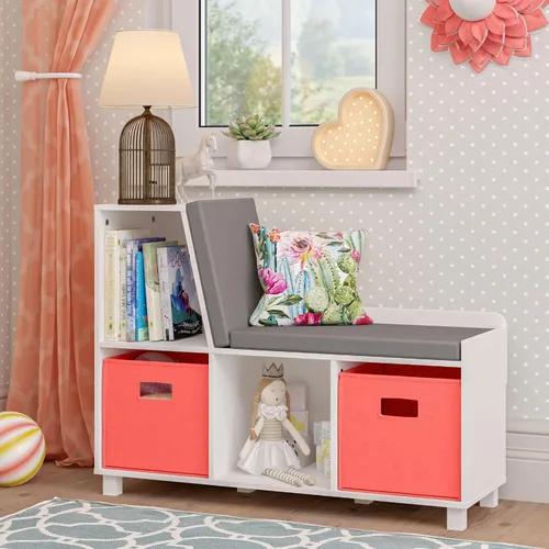 Miniatura 7 de RiverRidge Rincón de lectura para niños y banco de almacenamiento de cubos blancos con asiento acolchado cómodo y organizador de juguetes