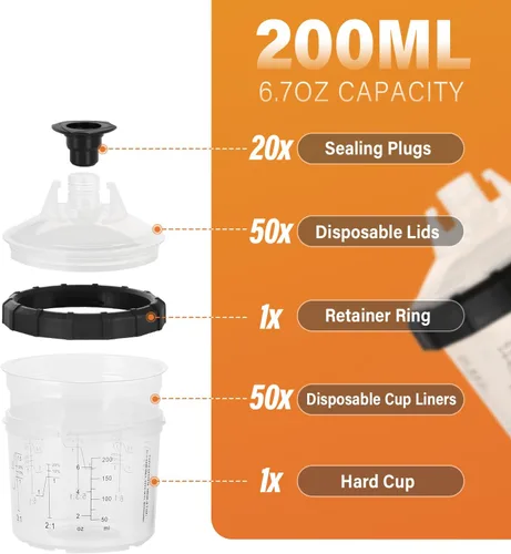 Miniatura 2 de Tazas desechables para pistola de pintura (200ML/6.7OZ), kit de tazas de pintura con 50 revestimientos de taza, 50 tapas, 20 tapones de sellado, 1