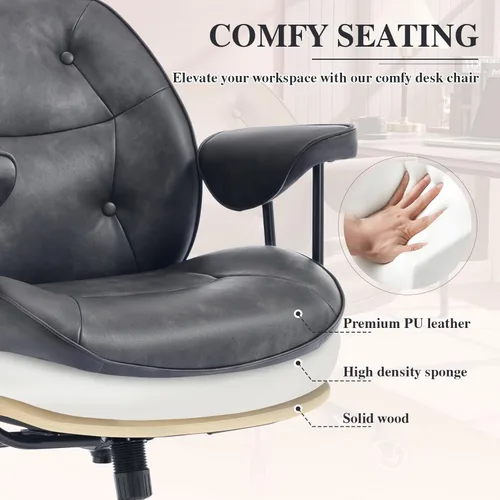 Miniatura 3 de Silla de escritorio de oficina en casa, silla retro de piel sintética con soporte lumbar y ruedas de goma, silla ergonómica de computadora