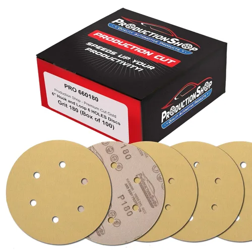 ProductionShop Discos de lijado dorados de grano 180 de 6 pulgadas, patrón de 6 agujeros, caja de 100 – Papel de lija sin polvo con gancho y bucle