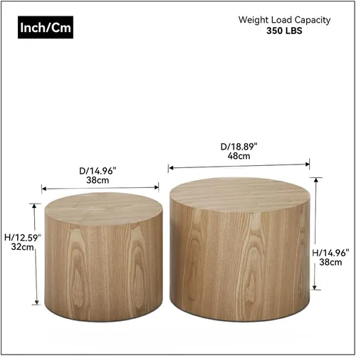 Miniatura 2 de Juego de 2 mesas auxiliares redondas, mesa auxiliar anidable y mesa auxiliar de madera con tambor circular pequeño para sala de estar, oficina, sin