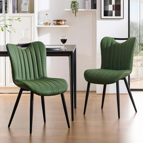 Miniatura 9 de Juego de 2 sillas de comedor tapizadas de cuero, modernas sillas de comedor de cocina de mediados de siglo con patas de metal negro, sillas