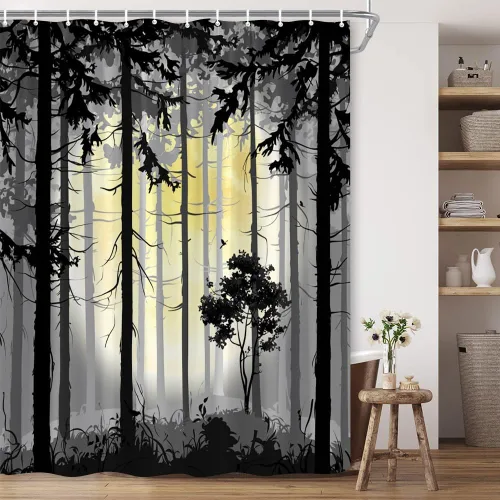Miniatura 4 de Cortina de ducha de luna llena de bosque brumoso, árbol blanco y negro, niebla, abstracto, gótico, naturaleza, gris, granja, tela de poliéster