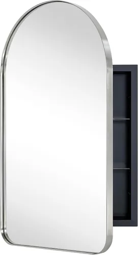 Miniatura 12 de Botiquín de baño empotrado en arco dorado cepillado con espejo de acero inoxidable con marco de metal rectangular con espejo de 16 x 28.3 pulgadas