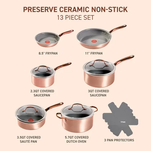 Miniatura 2 de T-fal Preserve Ceramic, juego de utensilios de cocina antiadherentes de 13 piezas, apto para horno y asador hasta 350 °F, incluye olla, cacerolas
