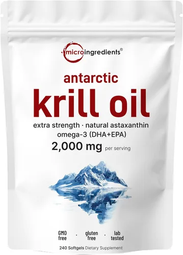 Micro Ingredients Suplemento de Aceite de Krill Antártico, 2,000 mg por porción, 240 cápsulas blandas, triple potencia, rico en omega-3 EPA, DHA y