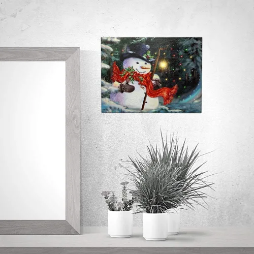 Miniatura 7 de Lienzo de muñeco de nieve iluminado con linterna LED, impresión de escena de invierno de Navidad, decoración navideña para colgar en la pared