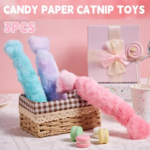 Miniatura 5 de Juguete para patear gatos 3 piezas, juguetes de hierba gatera en forma de caramelo para gatos, juguetes de hierba gatera con papel arrugado.