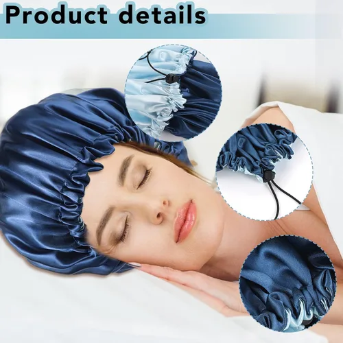 Miniatura 5 de Paquete de 2 gorros de satén para dormir, gorra de satén de doble capa para cabello natural y rizado