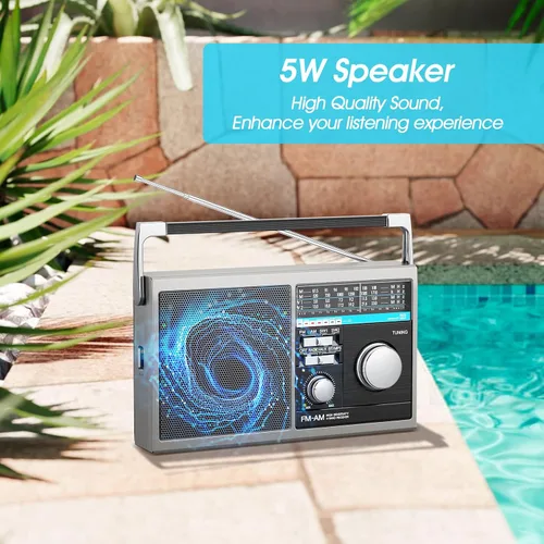 Miniatura 6 de Radio AM FM portátil, radio transistor de onda corta con la mejor recepción, funciona con pilas o alimentación de CA retro con altavoz Bluetooth
