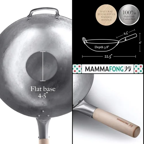 Miniatura 3 de Sartén wok de acero al carbono de fondo plano, auténticos woks martillados a mano y sartenes para freír - Wok Pow Wok de 14 pulgadas