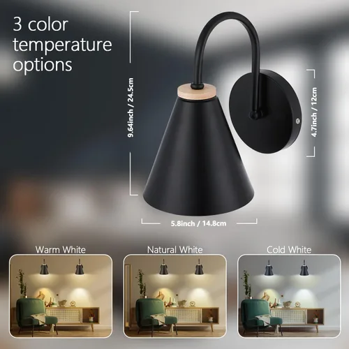 Miniatura 2 de Aplique de pared industrial de madera sintética negra, funciona con pilas, fácil de instalar, sin cables, bombilla LED regulable con control remoto
