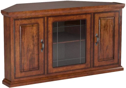 Miniatura 6 de Leick Home 80385 Soporte de TV de esquina de tres puertas de vidrio con plomo con almacenamiento cerrado para televisores de 50 pulgadas, roble