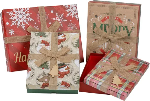 Cajas de regalo de Navidad con tapas para regalos, juego grande de 4 cajas de regalo a granel rojo y marrón en varios diseños con lazos, decoración