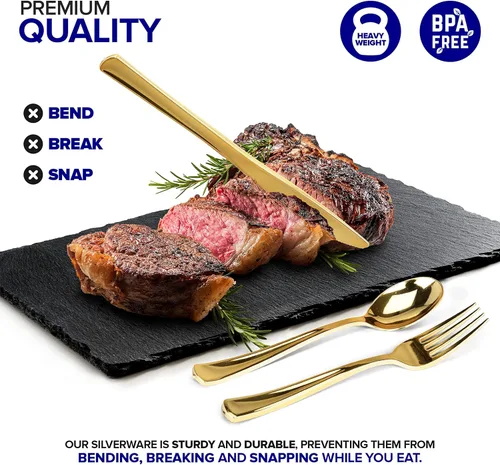 Miniatura 3 de Juego de cubiertos de plástico resistente (dorado) de 75 piezas, juego de cubiertos desechables, ideal para fiestas, bodas y catering, cubiertos