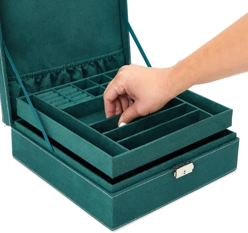 Miniatura 14 de Caja organizadora de alhajas con dos capas con cerradura y llave, textura de terciopelo, charola extraíble, compacta, amplio espacio de Negro