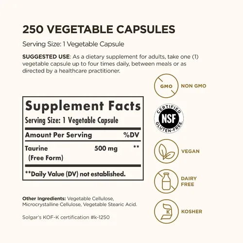 Miniatura 2 de Solgar Taurina 500 mg, 250 cápsulas vegetales - Antioxidante - Salud cerebral - Aminoácidos - Vegano, sin gluten, sin lácteos, Kosher - 250 porciones