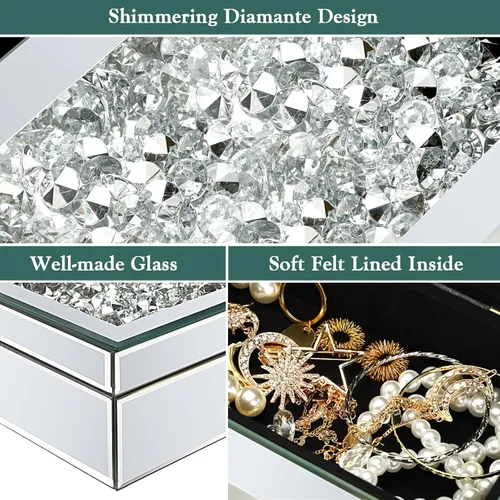 Miniatura 3 de Kenning Caja Organizadora de Joyas de Lujo con Espejo de Vidrio Triturado en Plata para Mujeres, Caja Organizadora de Anillos de Lujo