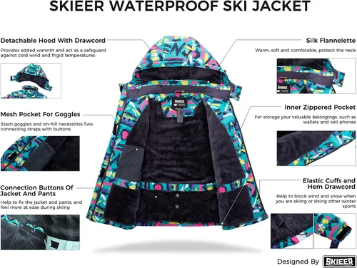 Miniatura 3 de Skieer Chaqueta de esquí para mujer, impermeable, resistente al viento, chaqueta de snowboard cálida con capucha para invierno
