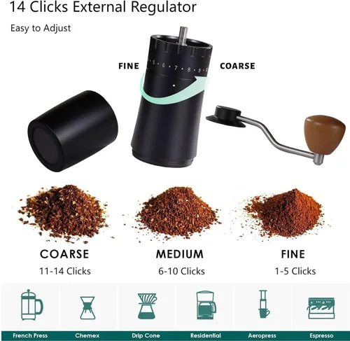 Miniatura 3 de Molinillo de café manual, molinillo de grano de café manual con rebabas de acero inoxidable de 6 estrellas para expreso, moka, vertido, prensa
