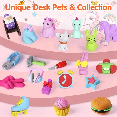 Miniatura 9 de Moosia Paquete de 60 borradores de lápices de animales para niños, mini rompecabezas 3D para desmontar, mascotas de escritorio y juguetes de caja