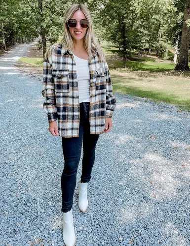 Miniatura 4 de GRAPENT Chaqueta de franela a cuadros de gran tamaño con botones para mujer, abrigos de manga larga