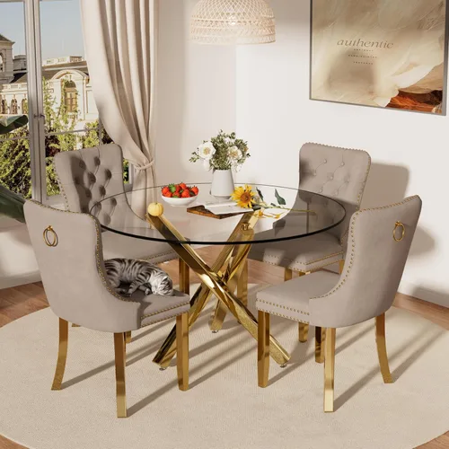 Miniatura 36 de Juego de comedor pequeño redondo de cristal transparente para 4, 39 pulgadas, moderno juego de mesa circular de cocina de mediados de siglo, sillas