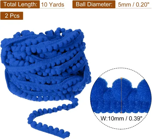 Miniatura 2 de uxcell 2 piezas de 10 yardas con flecos de pompones, accesorio de costura de cinta, manualidades para el hogar, cortina, ropa, decoración de Azul