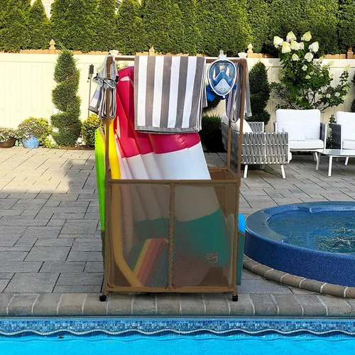 Miniatura 5 de Soporte para equipo de piscina con barras de secado de toallas, organizador de almacenamiento multiusos con ruedas de malla, colgador de toallas