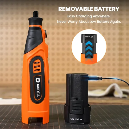 Miniatura 4 de HARDELL Kit de herramientas rotativas inalámbricas de 12 V con 43 accesorios, 6 velocidades (10000-25000 RPM), batería extraíble de 1500 mAh, largo
