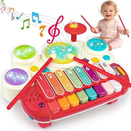 AugToy 3 en 1 juguetes musicales para niños pequeños de 1 a 3 años, juego de piano, xilófono y tambor, juguetes para niñas de 1, 2 y 3 años de edad,