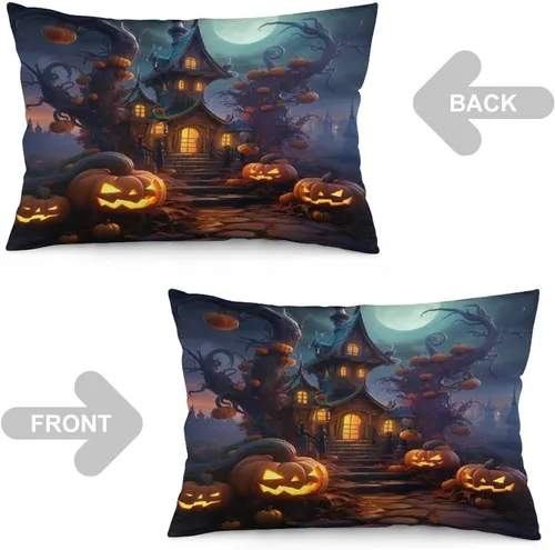 Miniatura 3 de Fundas de almohada frescas de casa embrujada, castillo, luna, bosque medieval, calabaza, fundas de almohada rectangulares con cremallera invisible