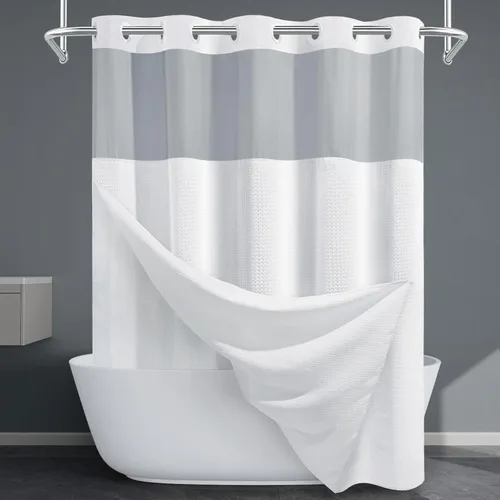 Miniatura 34 de EUTXL Cortina de ducha beige sin gancho con forro a presión, cortinas de ducha de tejido gofre de 230 GSM para baño, 54 pulgadas de ancho x 80