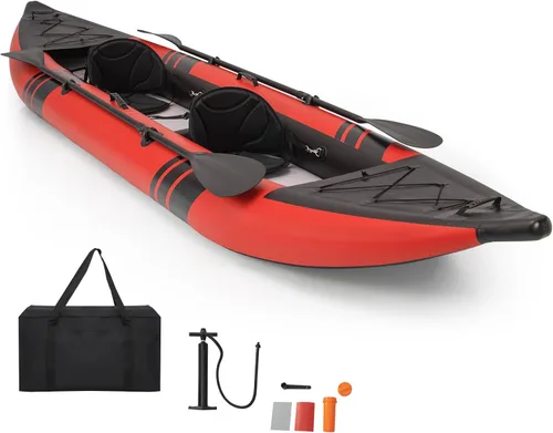 Miniatura 8 de GYMAX Kayak inflable, kayak tándem de 12.5 pies y 507 libras con 2 remos de aluminio, 2 asientos acolchados, reposapiés, 2 aletas, bomba de mano