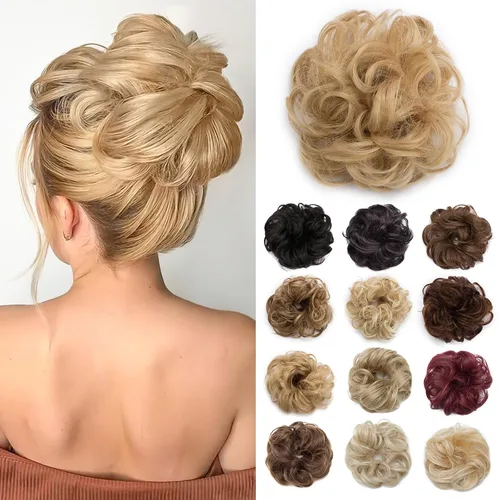 Miniatura 37 de Benehair Moño desordenado, pieza de pelo recogido para mujer, esponjoso, ondulado, moño con dona, moño sintético con banda elástica de goma