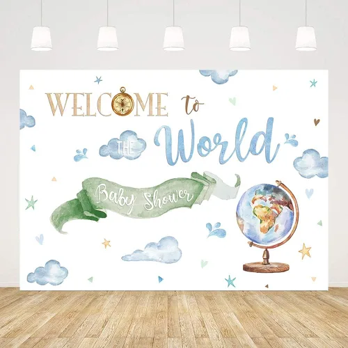 Fondo de bienvenida al mundo de 7 x 5 pies, tema de aventura mundial, decoración de baby shower, fotografía en acuarela, fondo para sesión de fotos,