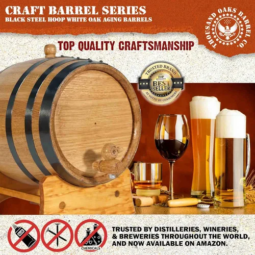 Miniatura 5 de Barril de envejecimiento de 1 galón de roble (5 litros) con soporte, tapón y canilla - Mini barril de madera para whisky - Barriles de roble