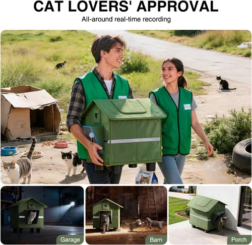 Miniatura 7 de Casa para gatos al aire libre con cámara 2K para un solo gato de hasta 12 libras, refugio aislado a la intemperie, puerta magnética, cámara de doble