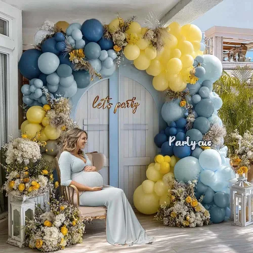 Miniatura 2 de Kit de arco de globos azul polvoriento, amarillo, doble relleno, azul pastel oscuro, amarillo claro, guirnalda de globos de perlas para cumpleaños