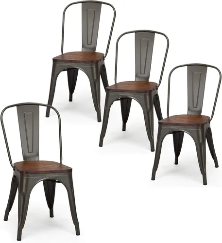Miniatura 9 de HAPPYGRILL Juego de 4 sillas de comedor, sillas de cocina de metal para interiores y exteriores con asiento de madera y respaldo alto, sillas