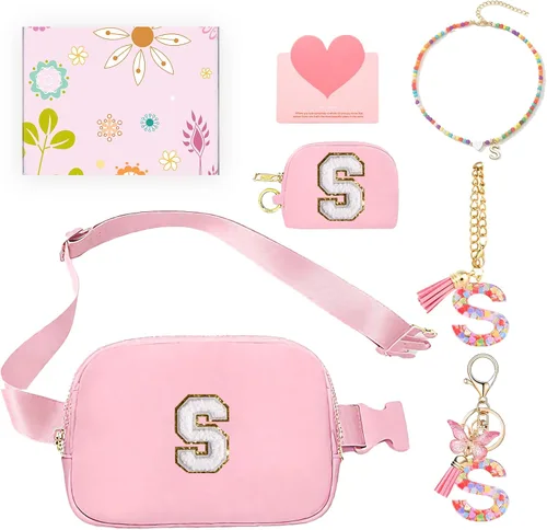Miniatura 17 de Regalos de moda para niñas adolescentes, cangurera con monograma para niña con llavero, collar, dijes de taza, tarjeta de felicitación y caja
