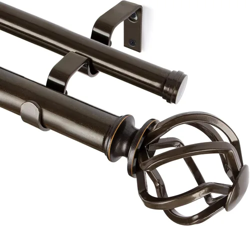 KAMANINA 1 Inch Double Curtain Rod 32 to 58 Inch, Heavy Duty Decorative Curtain Rods for Windows 20 to 54 Inch, Antique Bronze Drapery Rods with