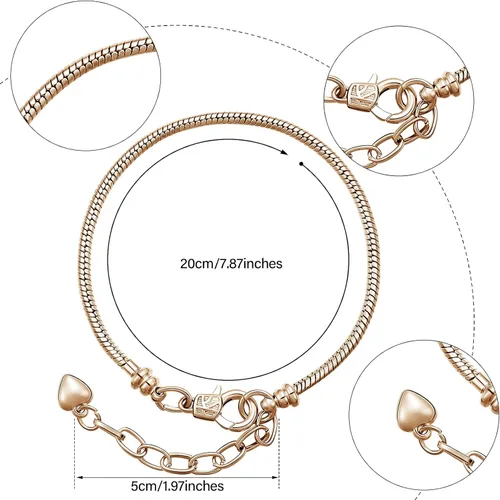 Miniatura 2 de Hicarer - 20 pulseras de serpiente ajustables para hacer joyas, cadenas de acero inoxidable doradas y plateadas con extensor de corazón