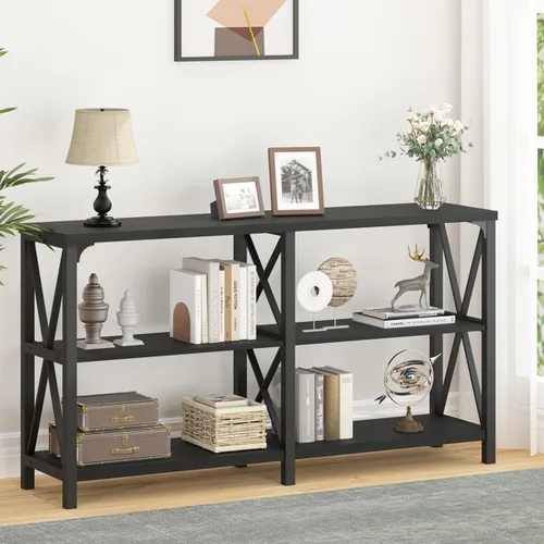 Miniatura 9 de LVB Mesa Consola Negra, Mesa de Entrada Moderna con 3 Niveles de Estantes de Almacenamiento, Mesa de Sofá Industrial Detrás del Sofá para Sala