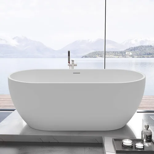 Miniatura 10 de Bañera independiente de acrílico Lucite de 59", forma columnar, tina de remojo contemporánea con desagüe central cromado con grifo de pie