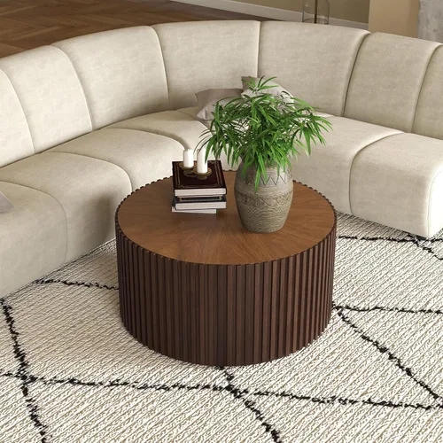 Miniatura 13 de POVISON Mesa auxiliar, mesa de centro redonda de madera, mesa auxiliar moderna para sala de estar, mesa de centro acanalada, color negro, totalmente